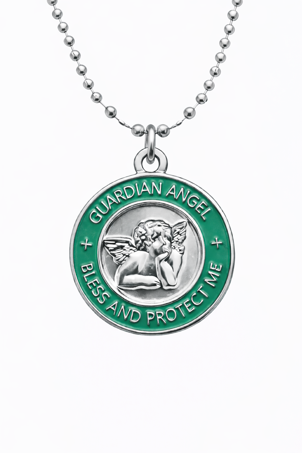 Medalla Angel de la Guarda plata verde